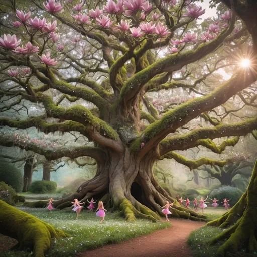 Prompt:  Giant old magnolia tree in bloom with dancing elves, pixies and fairies dancing around it in the magical forest.