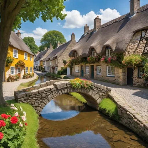 Prompt:  quaint stone bridge that spans a gentle stream, leads through a village with cobblestone streets lined with colorful cottages with thatched roofs and window boxes full of flowers each individual house has it's own unique character, at the center of the village is the town square with a huge oak tree with people sitting on benches around the tree.