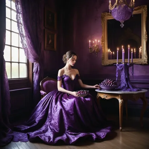 Prompt: Woman in a flowing purple ballgown in a room with walls draped in deep violet velvet, floor glossy amethyst, reflecting the flickering light of candles,  table covered with a lavender colored lace cloth, a purple porcelain bowl filled with grapes