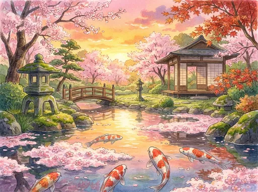 Prompt: A serene

Japanese garden
at sunset,

with cherry

blossoms

floating on a

koi pond,

painted in the

style of

Studio Ghibli.