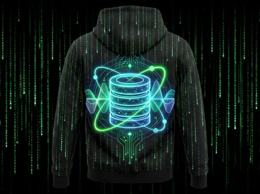 Prompt: A futuristic hoodie back design for a database engineering team, dark cyberpunk aesthetic.
The background features flowing green digital rain inspired by the Matrix movie, cascading vertically with subtle depth and motion.
At the center, a glowing database icon (stylized cylindrical database stack) acts as the core, semi-transparent and holographic.
Surrounding the database icon are quantum-inspired elements: swirling probability waves, orbital particle paths, quantum circuit patterns, and faint entanglement lines, forming an elegant convergence around the database.
The digital code, quantum waves, and database structure visually merge into one cohesive form, symbolizing data, computation, and quantum intelligence.
Color palette: neon green, cyan, and soft electric blue on a deep black background.
Style: ultra-clean, high-tech, minimal clutter, sharp vector-like edges, hoodie-print friendly.
Lighting: soft neon glow, high contrast, no background noise.
Composition: vertically centered, symmetrical, optimized for the back of a hoodie.
Resolution: ultra-high resolution, crisp details, suitable for screen printing or embroidery reference.
No text, no watermark, no logo branding, no human figures.
high contrast, sharper neon glow, stronger Matrix rain density, bold cyberpunk energy.