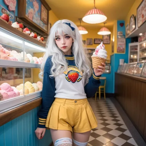 Prompt: girl with long flowy silver white hair that has candy and strawberries in it and golden yellow eyes in a cute lolita sailor blue sweater and jeans shorts with fishnets and yellow and brown flannel leg warmers doing dynamic poses in an interesting fish eye perspective next to an ice cream parlor leaning against a display case of ice cream