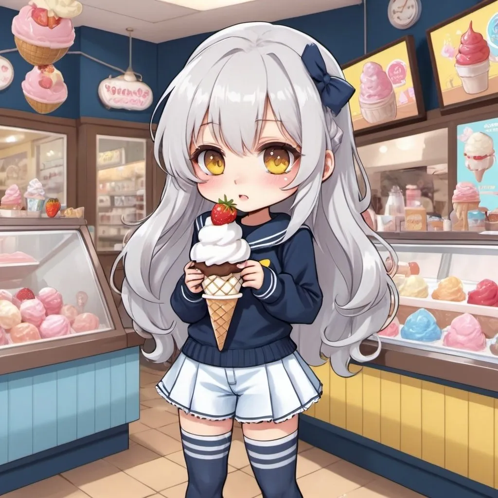 Prompt: chibi with long flowy silver white hair that has candy and strawberries in it and golden yellow eyes in a cute lolita sailor blue sweater and jeans shorts with fishnets and yellow and brown flannel leg warmers doing dynamic poses in an interesting fish eye perspective next to an ice cream parlor leaning against a display case of ice cream