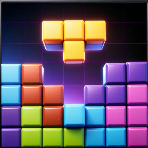 Prompt: tetris, a colorful game with blocks and squares on it's side and a purple background with a black border, realistic, low angle view, mobile game