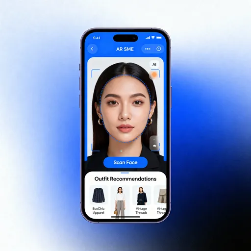 Prompt: Bayangkan sebuah aplikasi yang digunakan dengan menggunakan teknologi AI dan AR, yang saya tawarkan berupa teknologi yang bisa digunakan oleh UMKM untuk bisa menentukan rekomendasi dari produk mereka, dengan cara pengguna, melakukan scan wajah, lalu AI akan mendeteksi wajah, warna kulit pengguna, lalu memberikan rekomendasi pakaian atau outfit dari produk UMKM yg menggunakan teknologi kami. Intinya teknologi ini akan kami tawarkan kepada para UMKM di bidang fashion untuk mempermudah pembeli membeli produk mereka