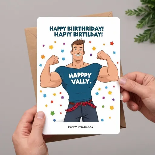 Prompt: animated gift card for a birthday with a picture of masculine guy showing his muscles saying "Happy Birthday!! Poukaz na instantní velké svaly!!!"