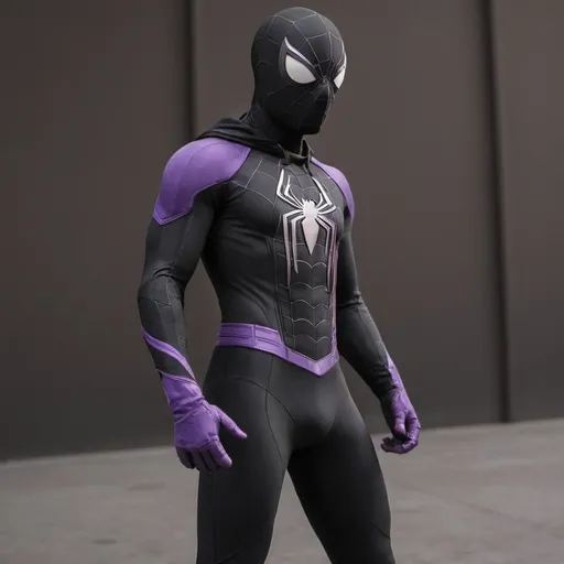 Prompt: a sleek, form-fitting Spider-Man suit crafted from a combination of matte black and deep purple materials,  The black fabric wraps around the wearer's body like a second skin, enhancing agility and stealth, while accents of vibrant purple highlight key features such as the web patterns, emblem on the chest, and intricate detailing along the arms and legs. The suit is completed with a hoodie, 