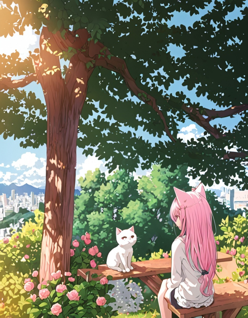 Prompt: anime, girl, detailed, pink hair, shy, cat ears, very detailed