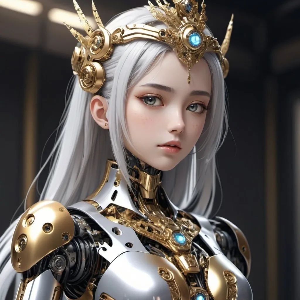 Prompt: Robot anime girl in 4k, having quality detail along with being a majestic royal, with gold and silver clothing.