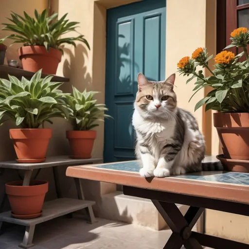 Prompt: a cat sitting on a table outside near a potted plant and a potted plant in the background, Bouchta El Hayani, photorealism, tone mapping, a stock photo