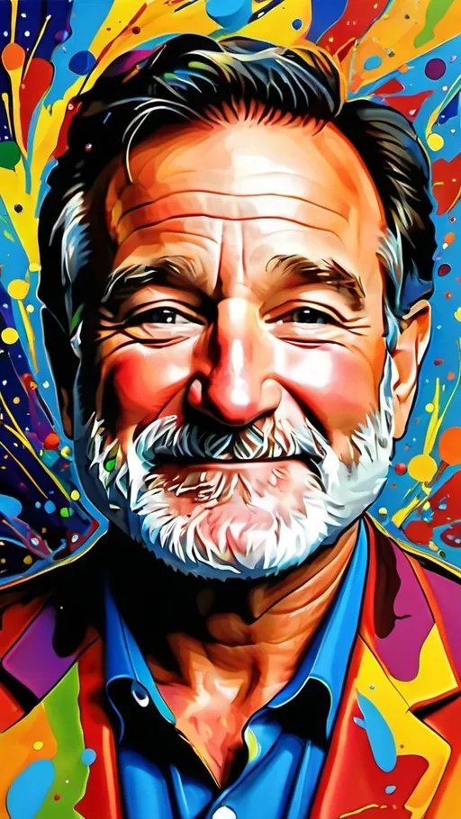 Prompt: Create an abstract portrait of Robin Williams to commemorate the 10th anniversary of his passing. The style should mimic the chaotic, energetic splashes and drips of Jackson Pollock, with vibrant, swirling colors representing Robin Williams' vibrant personality and spirit. The background should be dark, symbolizing loss, with hints of lighter colors breaking through, embodying the joy and laughter he brought to the world.