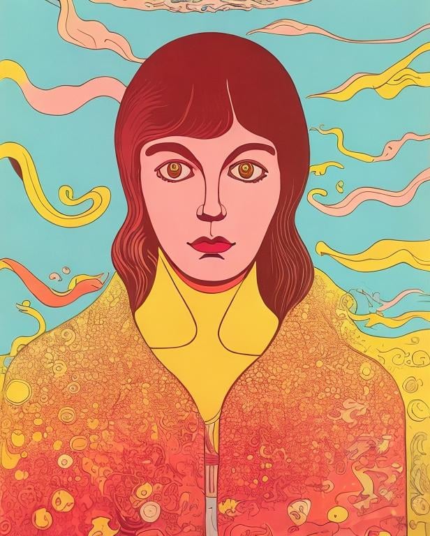 Prompt: Yellow submarine style, illustrated by Heinz Edelmann, psychedelic, cartoon  female portrait