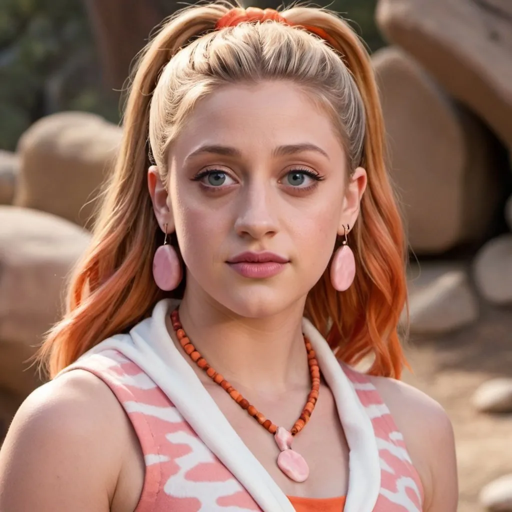 Prompt: Lili Reinhart as teenage Pebbles Flintstone in the reboot of The Pebbles and Bamm-Bamm Show for Netflix, with a red-orange long hair, trademark white bone in short ponytail and a pink dress with animal print, with a white scarf, modern stone age, cinematic, portrait