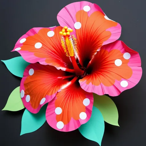 Prompt: Hibiscus, with polka dot-like nectar, made with coloured cardboard, cutout, collage
