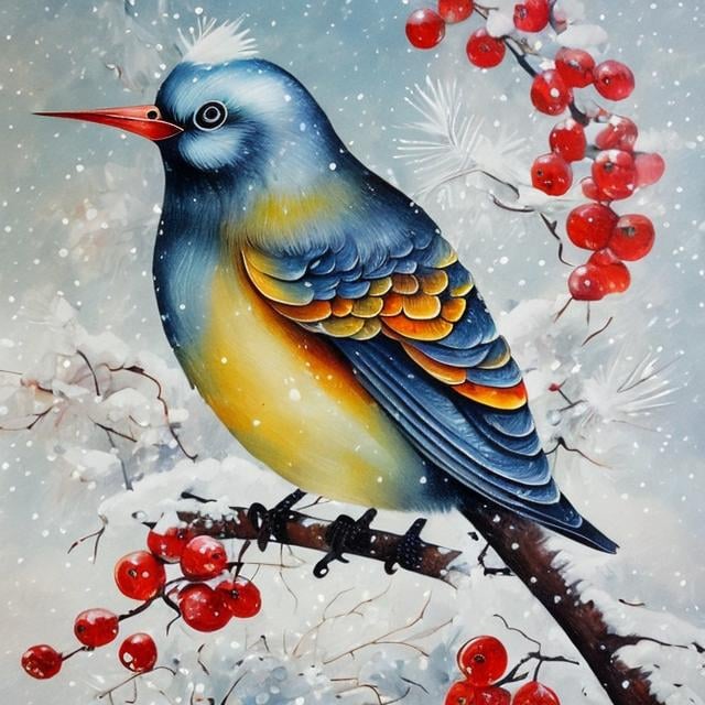 Prompt: A winter bird, Petrykivka painting, Ukrainian, ornamental, traditional, folk, decorative, art