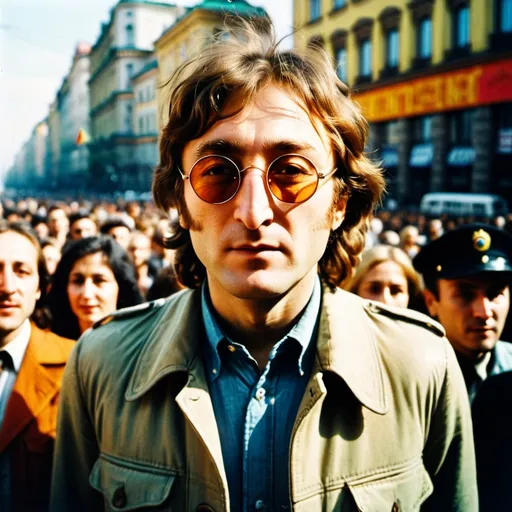 Prompt: John Lennon in Maidan Nezalezhnosti, Kyiv, Ukraine, 1977, vibrant city streets, sunny, cinematic, vintage, colourful, photography