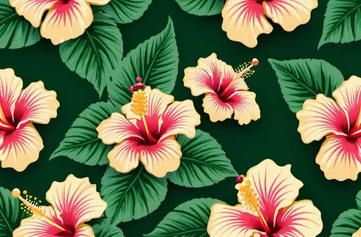 Prompt: Create a wallpaper design featuring hibiscus leaves. The design should have a vibrant, tropical feel with lush green leaves and a touch of colorful accents. Aim for a seamless pattern that can be used as a background, with a balanced and harmonious composition