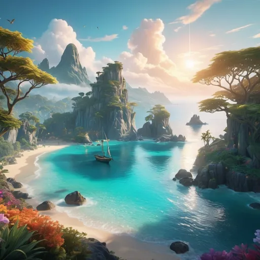 Prompt: A large, enchanting bay in Neverland, inspired by the Peter Pan franchise, the scene features crystal-clear turquoise water with gentle waves lapping against white sandy shores, lush, vibrant greenery surrounds the bay, including tall, whimsical trees and colorful exotic flowers. In the distance, the bay opens up to reveal a mysterious, misty horizon with hints of distant islands, the sky is a brilliant, dreamy mix of pastel hues, with fluffy clouds and a soft, golden glow from the setting or rising sun, magical elements like twinkling fairy lights and mythical creatures, such as mermaids or mystical birds, add a touch of wonder to the scene, fantasy artwork, very very very beautiful scenery, hd, hdr, ue5, ue6, unreal engine 5, cinematic 4k wallpaper, 8k, ultra detailed, high resolution, artstation, award winning