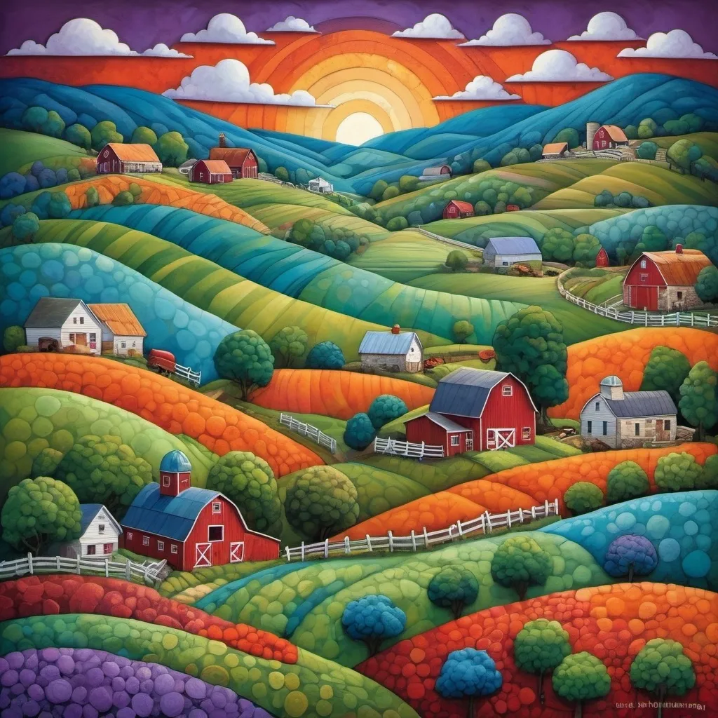 Prompt: rolling hills and a farm, appalachian folk art, mixed media, 3 d, detailed, award winning, blue, purple, red, orange, green