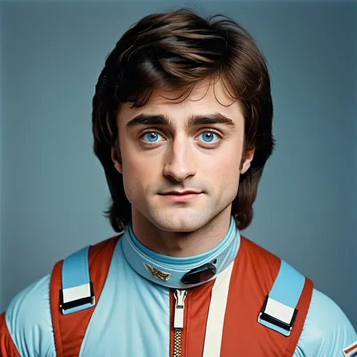 Prompt: Daniel Radcliffe playing Robin Williams as Mork in Mork & Mindy, with vivid pale blue eyes, a bit long medium brown hair, and a red Orkan spacesuit, in the 70’s, vintage, cinematic, photorealistic, portrait 