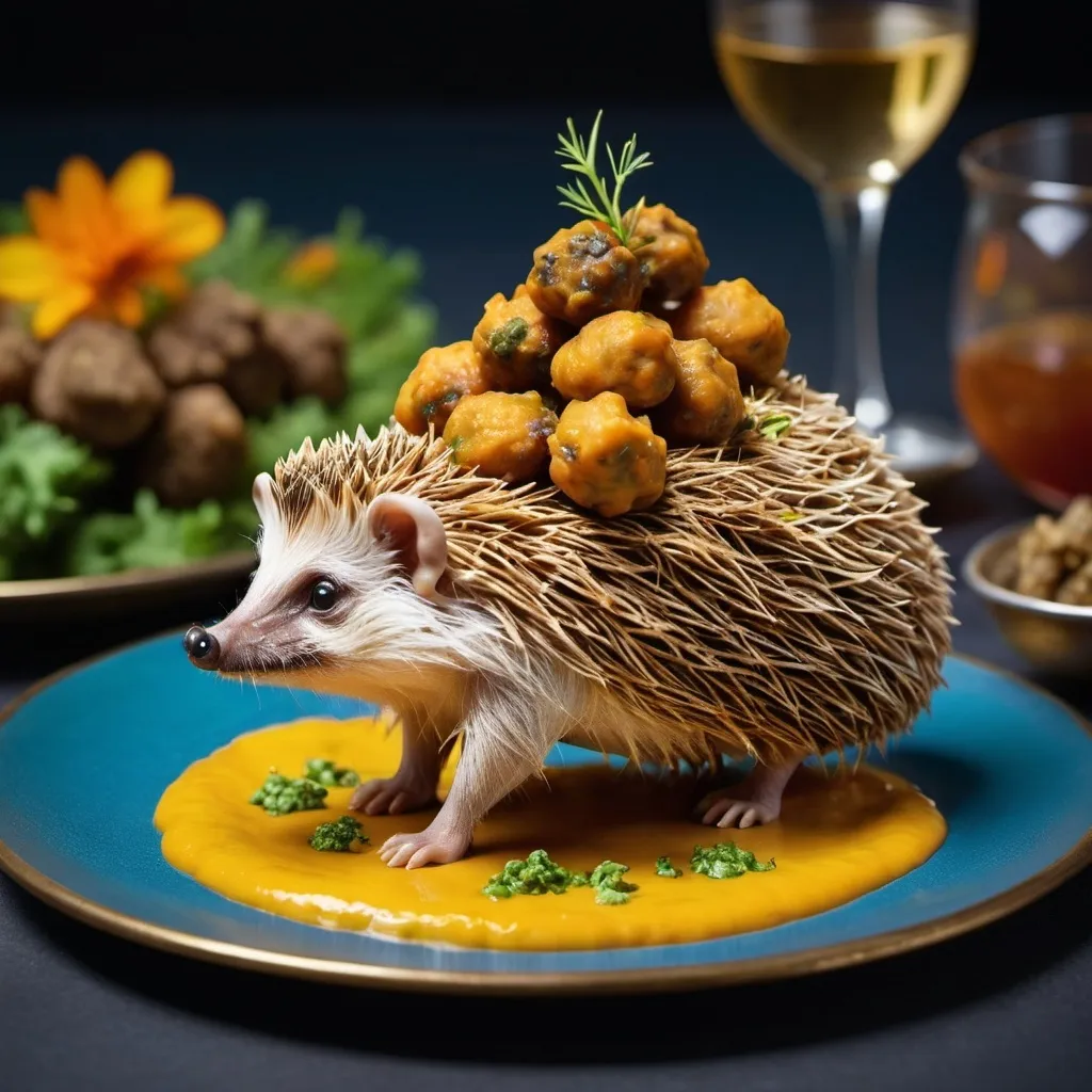 Prompt: A hedgehog and haggis pakora served fresh on a bed of puréed elephant