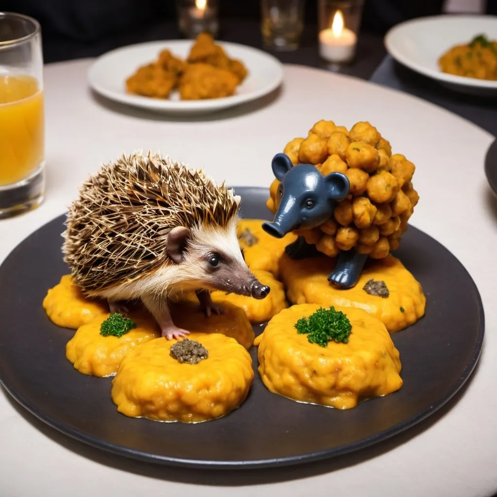 Prompt: A hedgehog and haggis pakora served fresh on a bed of puréed elephant