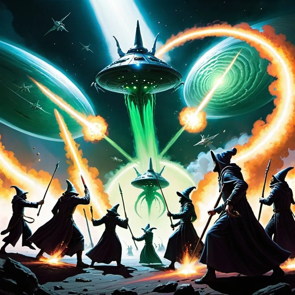 Prompt: Wizards fighting an alien Armada