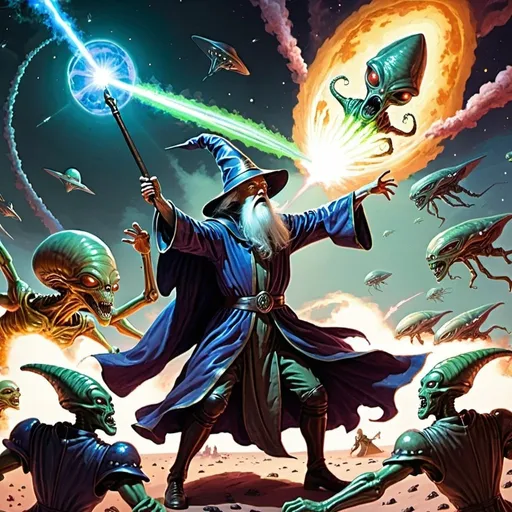 Prompt: Wizard fighting an alien Armada