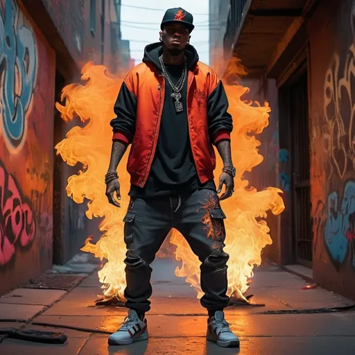 Prompt: hip hop artist with flames
