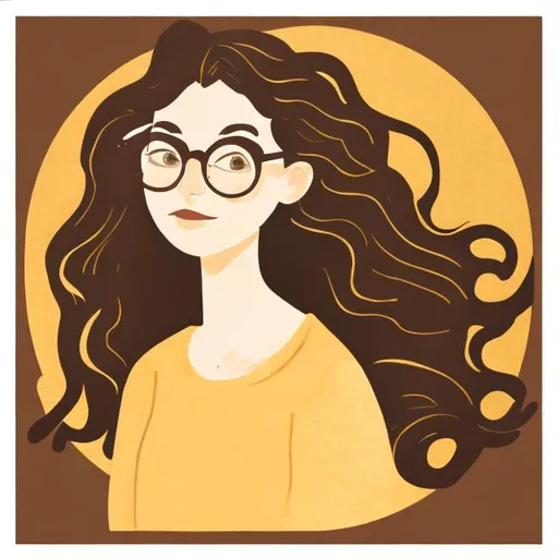 Prompt: An illustration of a woman with wavy brown hair that is shoulder length, she is wearing gold framed round glasses and is carrying a stack of books
