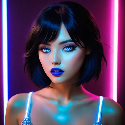 Prompt: A20yo girl. 80's clothes fashion, full buxom body. black hair with white tips. neon lipstick, striking  iridescent blue coloured contact lenses, moody lighting