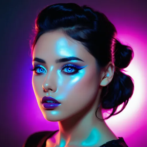 Prompt: A20yo girl. 80's clothes fashion, full buxom body. black hair with white tips. neon lipstick, striking  iridescent blue coloured contact lenses, moody lighting