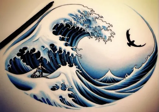 Prompt: Right Shoulder man Tattoo of one big wave and three small ones like my 3 kids
The image should be on in Black color only
With Fine line

