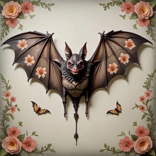 Prompt: Large  realistic bat with floral patterned wings