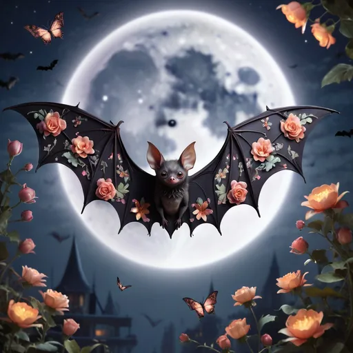 Prompt: A realistic bat with floral patterned body and wings. With a full moon in the background