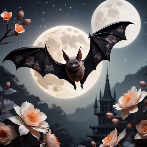 Prompt: A realistic bat with floral patterned body and wings. With a full moon in the background