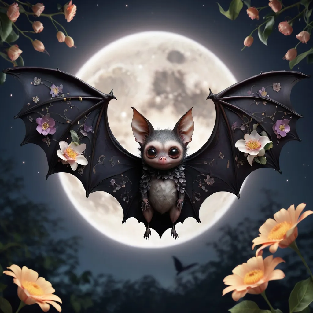 Prompt: A realistic bat with floral patterned body and wings. With a full moon in the background