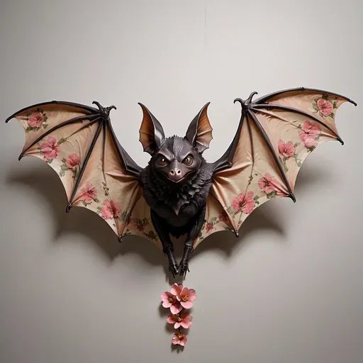 Prompt: Large  realistic bat with floral patterned wings