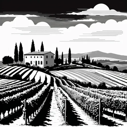 Prompt: tuscany landscape with wine grapes, pecorino, in a simple style, black and white, with lines and without details