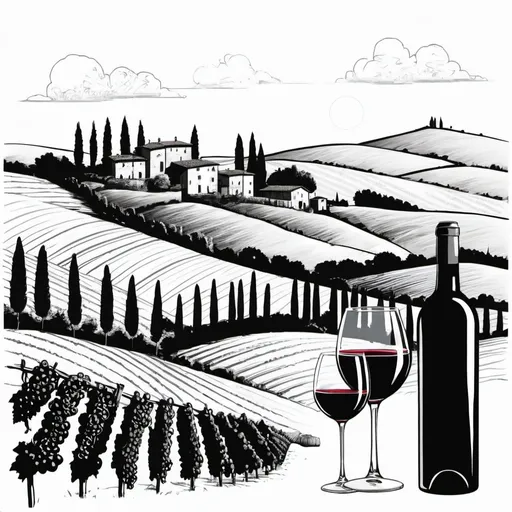 Prompt: tuscany landscape with wine, pecorino, in a simple style, black and white, with lines and detailed