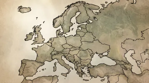 Prompt: Ultra-wide bird’s-eye illustrated map of Europe, cinematic historical documentary style, 1940s atlas aesthetic, muted and desaturated color palette, subtle paper grain texture, soft directional lighting, high contrast coastlines and land borders, realistic geography, deep sense of scale, empty negative space around central Europe, calm but ominous atmosphere, clean composition designed for zooming, no text, no labels, no borders, no symbols, no arrows, no typography, no modern map style, high detail, professional illustration
