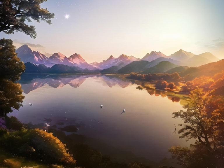 Prompt: a lake with ducks swimming in it at dawn with mountains in the background and trees framing the shot, Alvan Fisher, naturalism, anamorphic lens flare, a picture