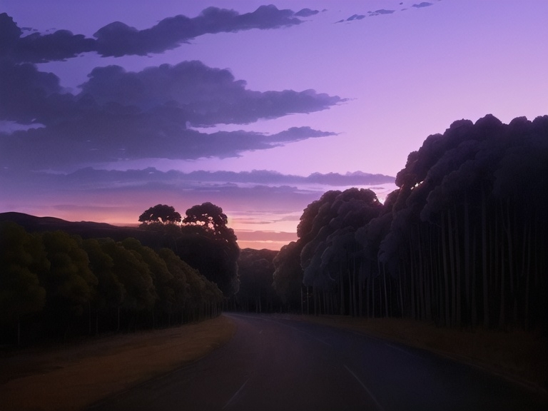 Prompt: a sunset view of a river and a road with trees on both sides of it and a cloudy sky, Enguerrand Quarton, australian tonalism, sunset, a picture