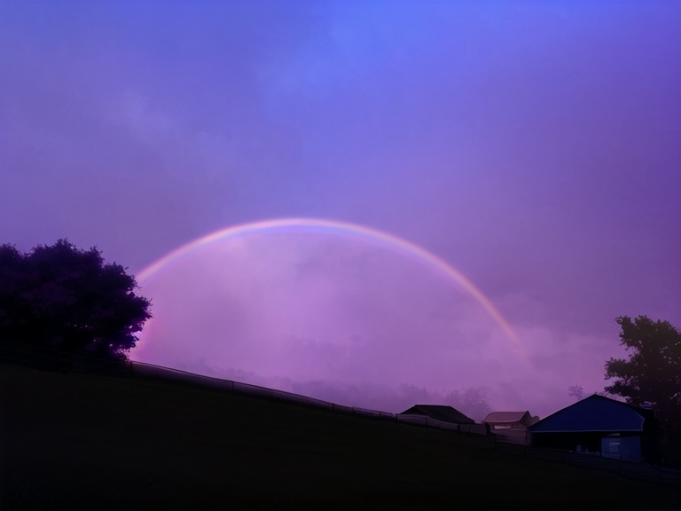 Prompt: a double rainbow appears over shadowed trees, a fence and a house at dusk with a purple, pink and blue sky in the background, David Boyd, synchromism, a matte painting