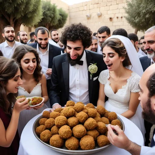 Prompt: generate landscape image of falafel eating wedding in israel many jewish people