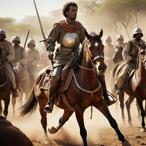 Prompt: Award-winning movie poster of Ahmed Gurey's Conquest of Abyssinia, 30-year-old Somali commander on horseback with sword, high-res, cinematic, historical, dynamic action, epic lighting, detailed armor, battle-ready, horseback riding, war hero, ancient war, cinematic lighting, dramatic atmosphere, historical drama, intense gaze, majestic horse, battle scene, premium quality, high-detail, cinematic, historical, dramatic lighting