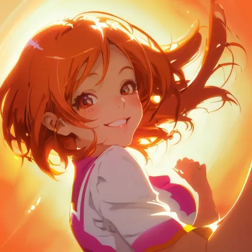 Prompt: Cute smiling girl, digital painting, vibrant colors, warm tones, anime, glossy finish, cheerful expression, playful, joyful, high quality, energetic, short flowing hair, happy smile, soft lighting, vibrant digital art, glossy, warm and soft lighting, side angle