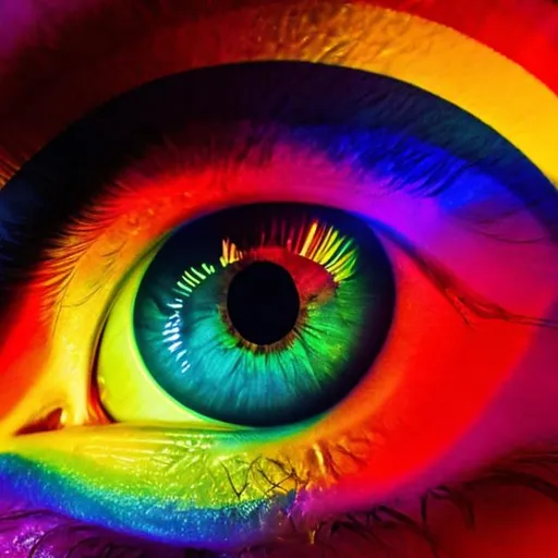 Prompt: Big beautiful human eye is the center with a beam of white light from the left hitting a prism and dispersing into the colors of the rainbow 