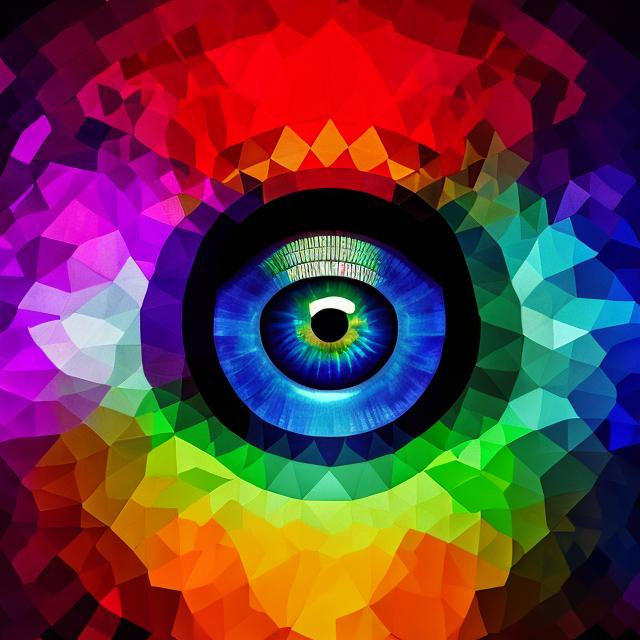 Prompt: radiating human eye with prisms and full spectrumcolors
