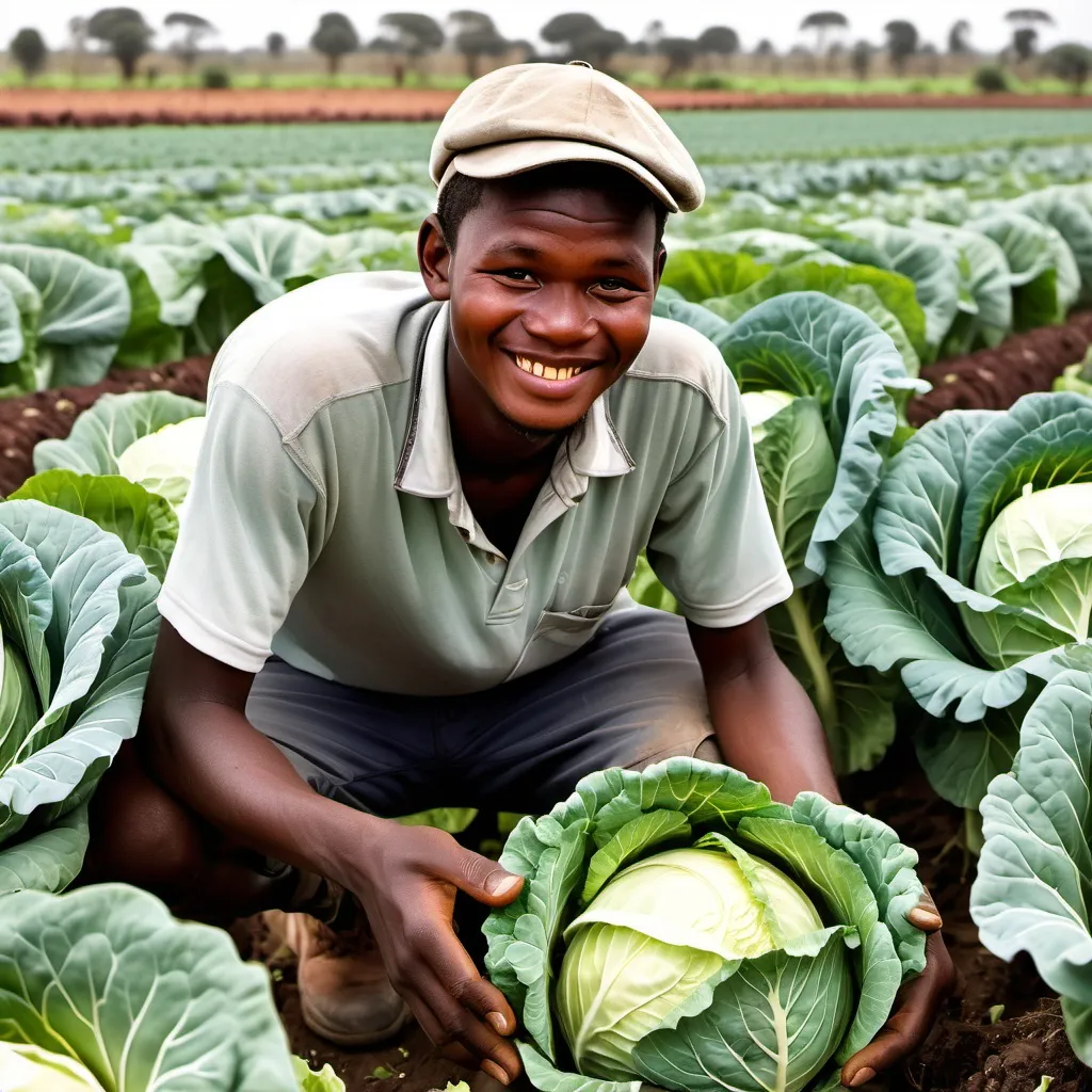 Prompt: A young farmer tending to his cabbage in a drip irrigated farm. He is smiling as his cabbages are big enough for harvesting in Kenyan set up